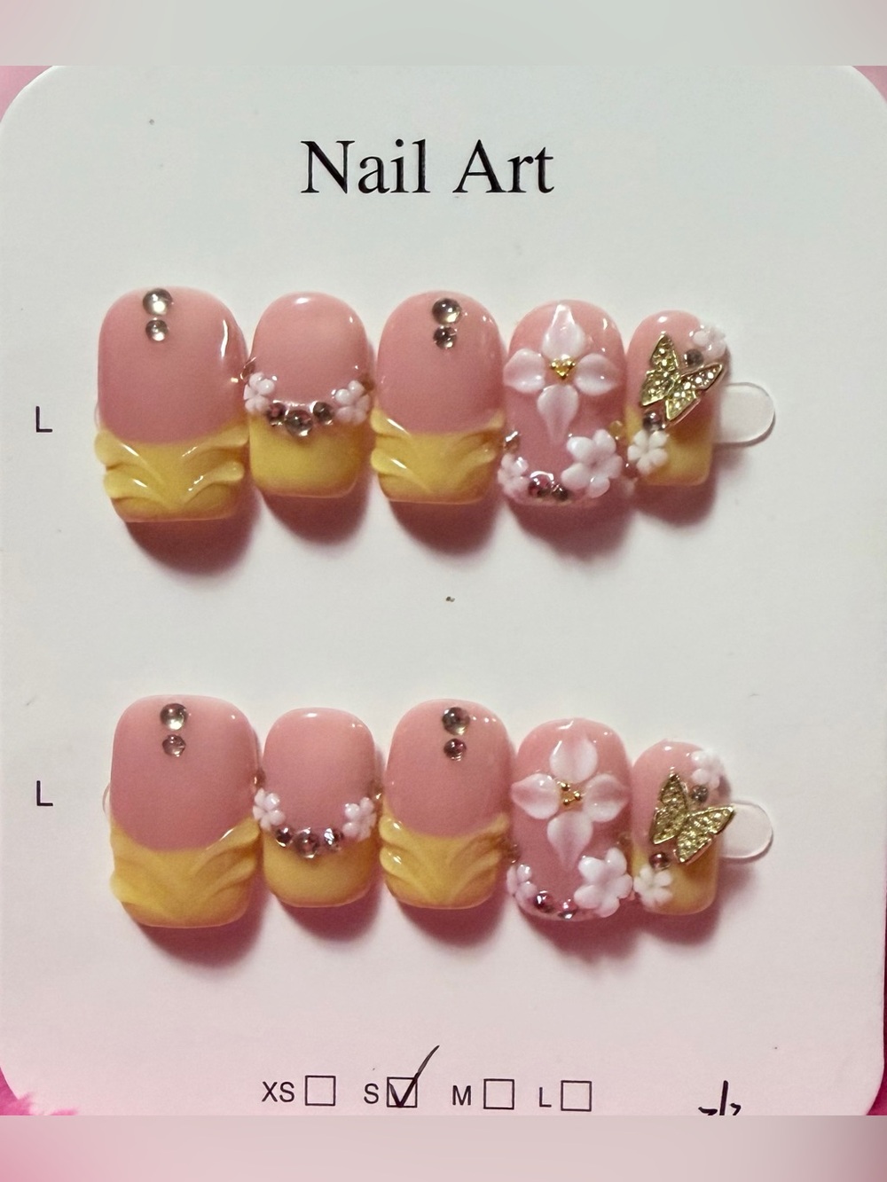 Pink & Yellow Floral Press-On Nails with Gold Butterfly Accent